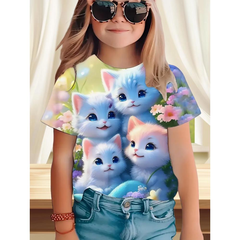 Children's Clothes Funny Cat Pattern 3D Print Summer Short Sleeve Tee Topstrendy Girl Clothes Round Neck Tops T-Shirts for Girls