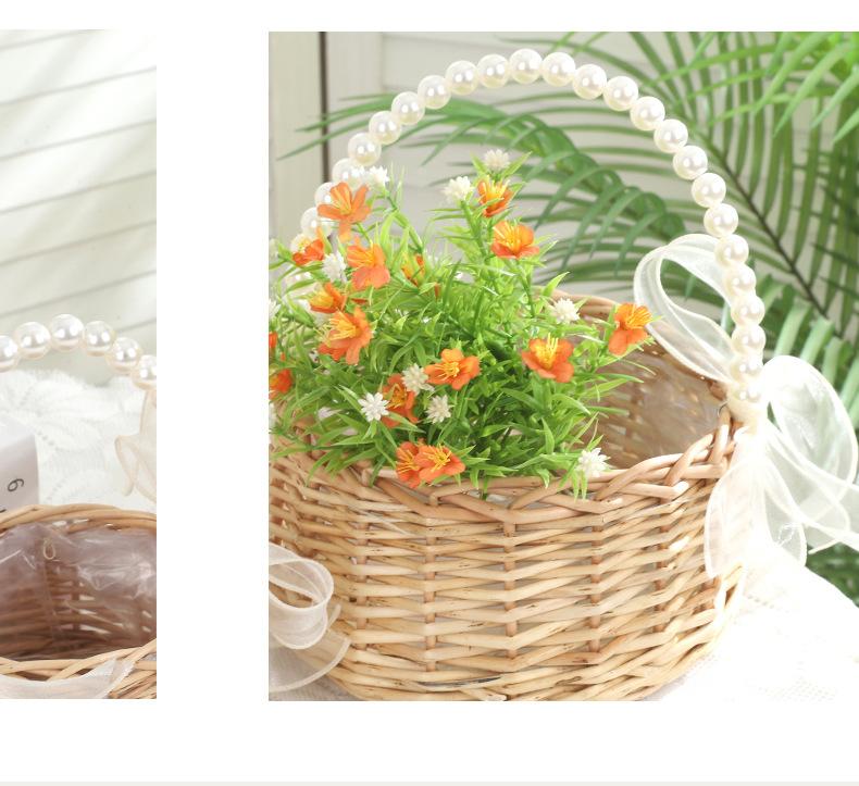 Handmade Storage Rack Woven Flower Baskets Rattan Storage Basket Flower Girl with Pearl Hand Basket for Home Wedding Decoration