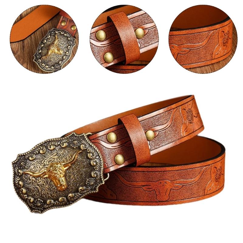 Women Western Belt Engraved Bull Metal Buckle Pants Belt Unisex Cowgirl Belt