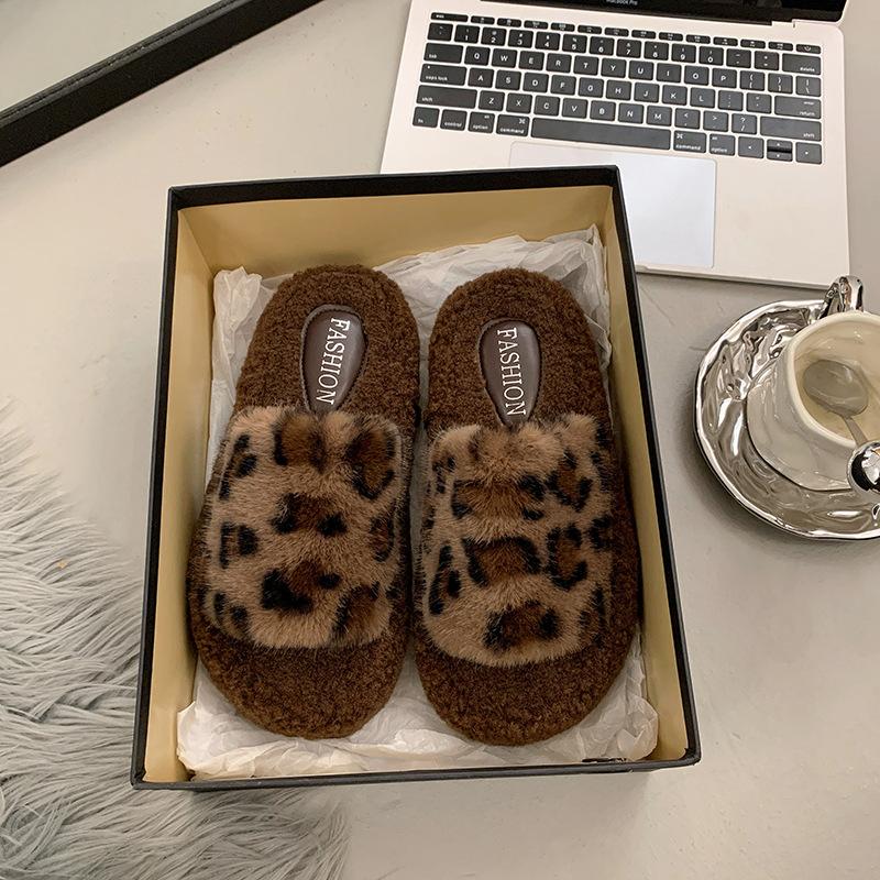 Internet Celebrity Mao Mao Slippers Women Wear 2025 New Autumn and Winter Thick Bottom Home Cotton Slippers Leopard Print Retro Versatile Word