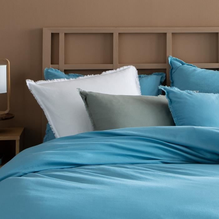 Housse De Couette Unie En Coton, COTON LAVÉ Bleu Glacier 140x200 Cm