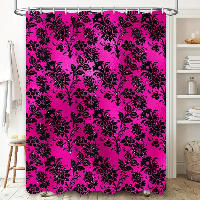Luxury Bathroom Decor: Damask Print Shower Curtain in Black Pink with Floral Design Waterproof Fabric for Home Bath Decorations