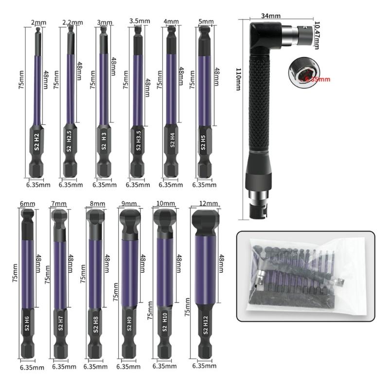 13Pcs Ball End Hex Screw Driver Bit 1/4inch Magnetic Hex Impact Wrenches Bit Set 2/2.5/3/3.5/4/5/6/7/8/9/10/12mm