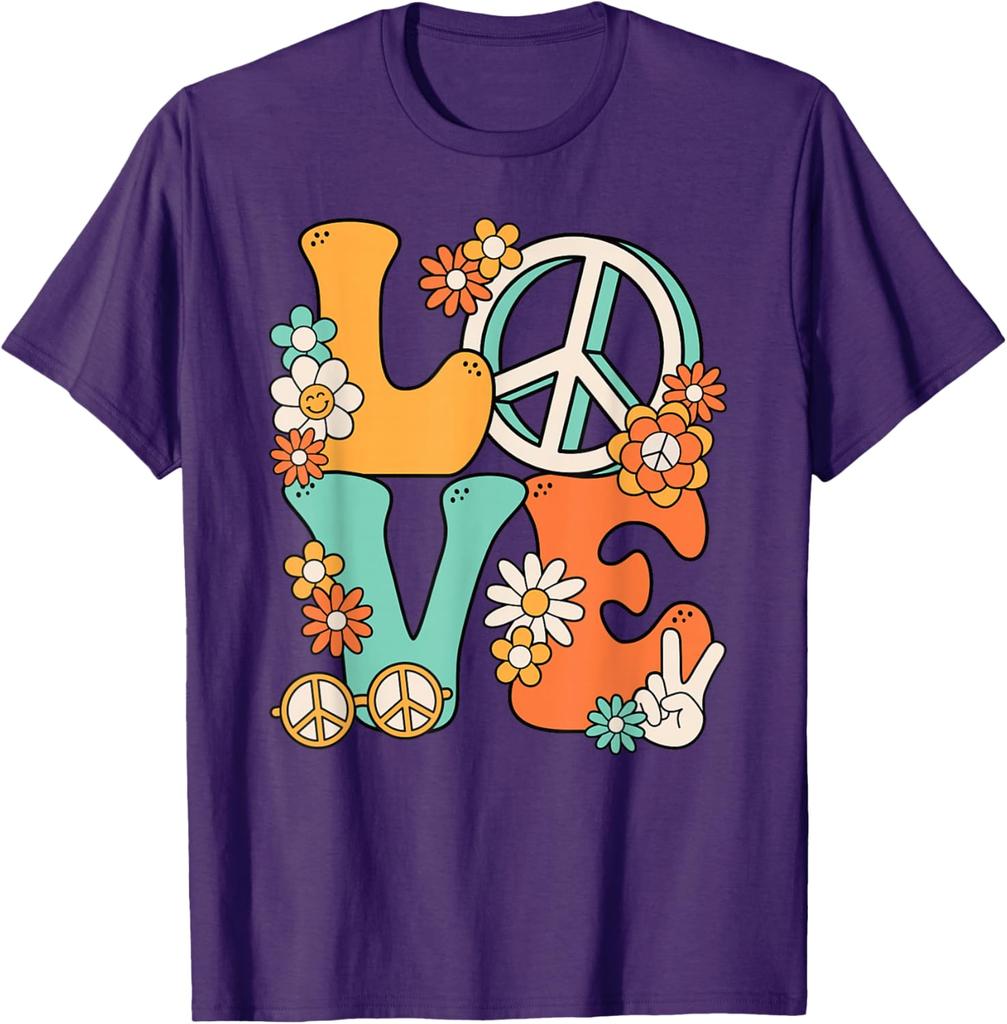 Hippie Love Peace Groovy Flowers Retro 70s Style Graphic Print Cotton T-Shirt Unisex Trip Casual