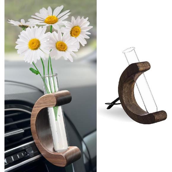 Little Glass Flower Vase Air Vent Clip, Car Flower Vent Clip, Cars Vase Vent Clip Plant Holder, Universal Auto Interior Wooden Ornament Decoration