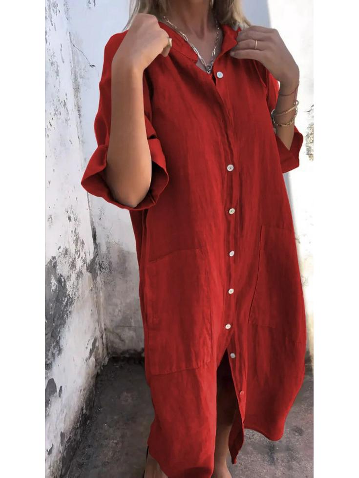 2026 Spring & Summer European-American Style Loose Cotton Linen Mid-Sleeve Shirt Dress for Women