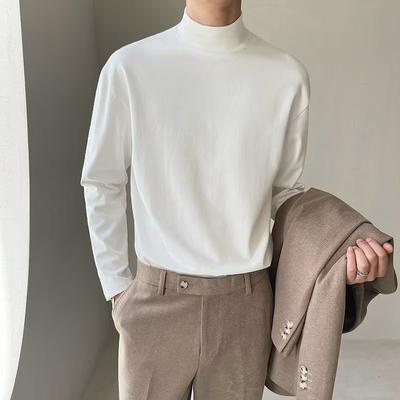 Autumn And Winter Comfortable Thin White Semi-Turtleneck Bottoming Shirt Men'S Large Size Solid Color Long-Sleeved T-Shirt With Top
