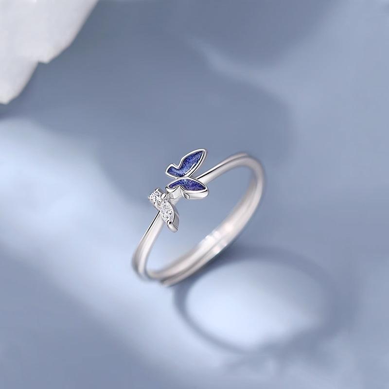 S925 Sterling Silver Blue Butterfly Open Ring: Women's Fashionable High-End Index Finger Accessory