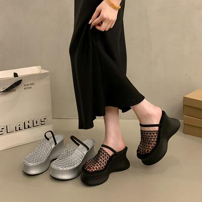 French Muffin Platform Sandals Women's 2025 New Hollow Breathable Wedge Heel Half Slippers Small Height-increasing Cool Slippers