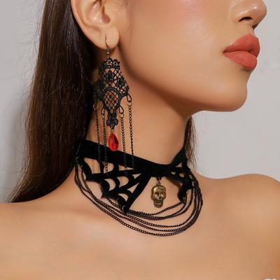 Halloween Skull Lace Necklace Earrings Two-piece Set Women's Vintage Diablo Necklace Earrings