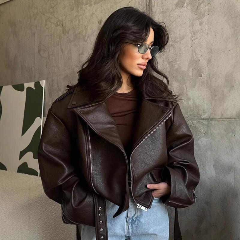 Womens Brown Faux Leather Jacket Turn-down Collar Short Belted Trendy INS Style