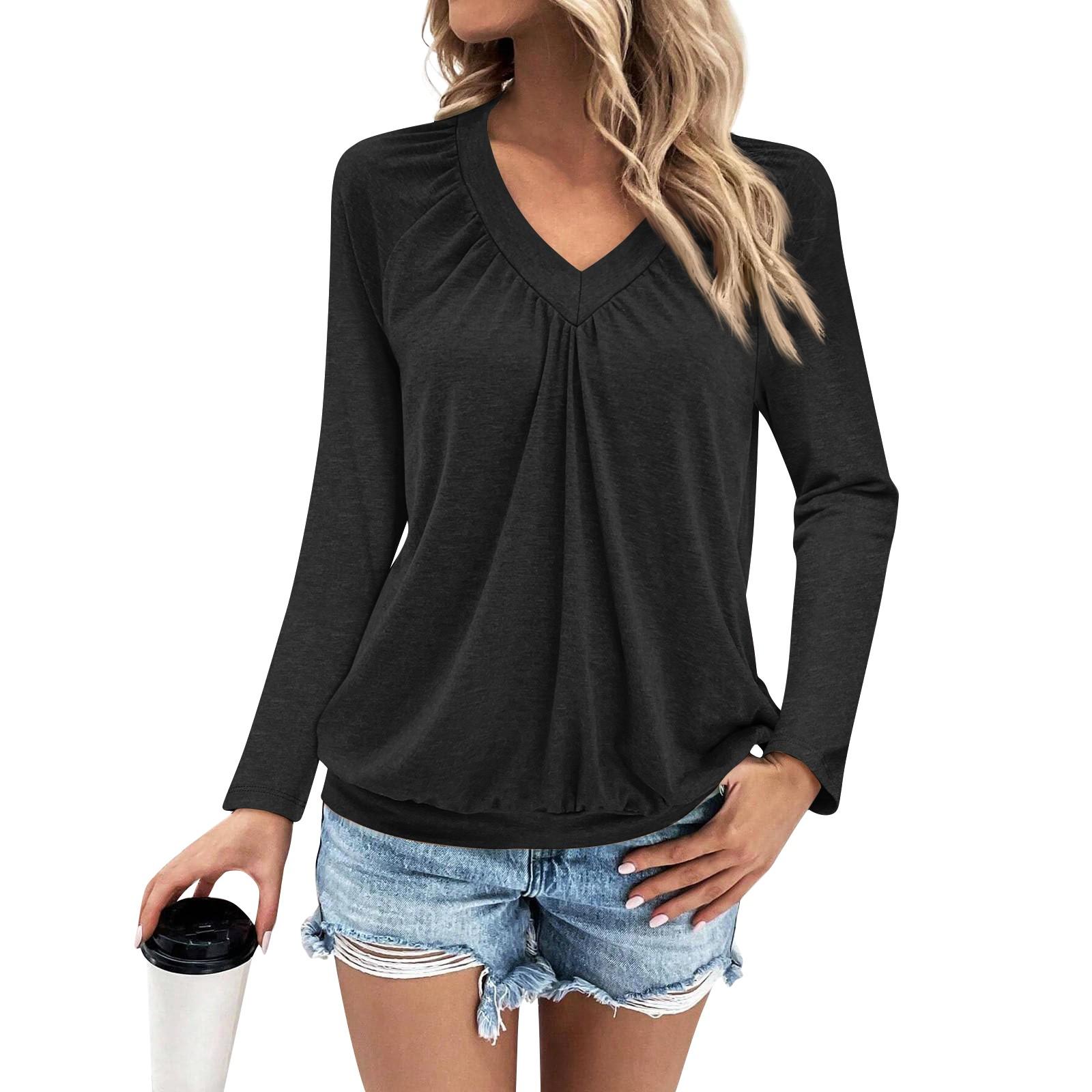 

Женская мода V-образный вырез с открытыми плечами плиссированная повседневная с длинным рукавом L чёрный