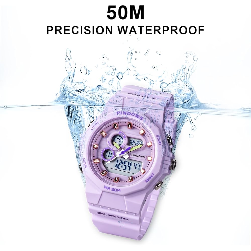 PINDOWS Women's Digital Sports Watch 50M Waterproof Multi-Function LED Backlight Calendar Alarm Stopwatch