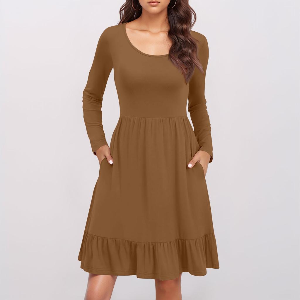 Ladies' Casual Round Neck Long Sleeved Dress Solid Color Loose Waist Pleated Dress