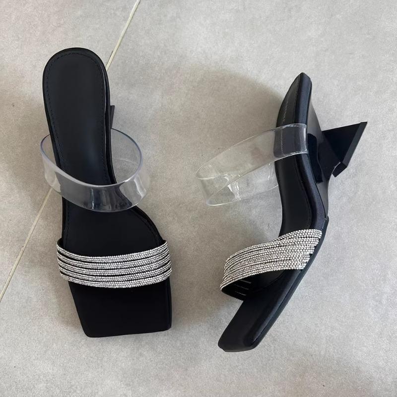 

Fashion Shoes Woman 2025 Slippers Heels Luxury Slides Pantofle Rubber Flip Flops Square Toe Low Beige Heeled Sandals High Designer New 35 чёрный