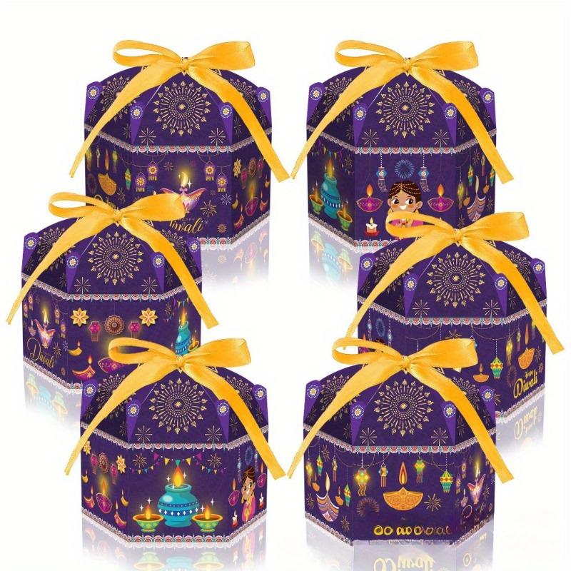 

6pcs Diwali Gift Boxes with Ribbons - Vibrant Blue & Purple Candlelight Design, Perfect for Party Favors, Snacks, and Candy Decorations Pack of 6