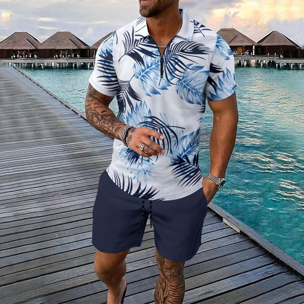 2025 Men's Beach Digital Print Zipper Polo & Shorts Set