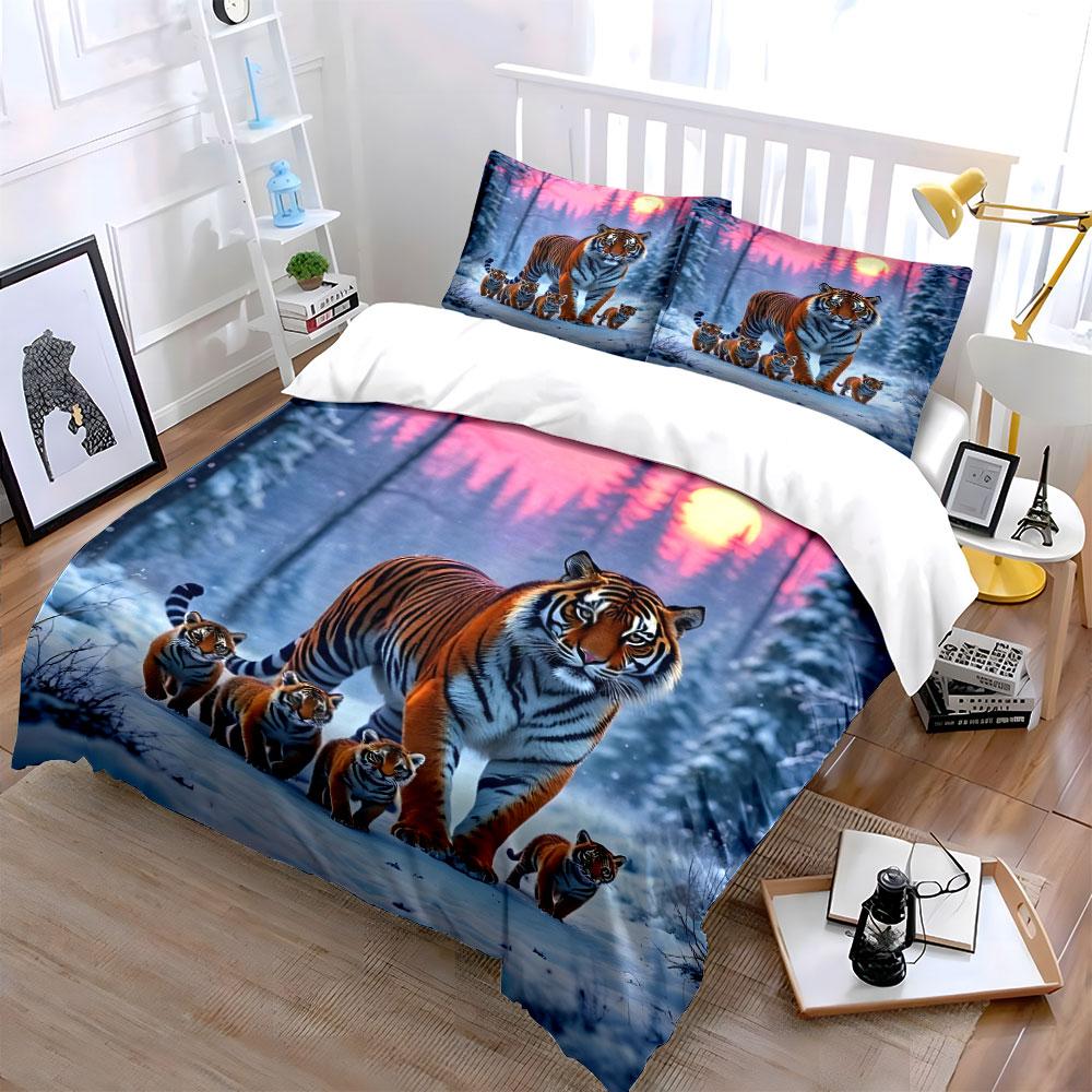 Tiger Family Winter Decor Multiple Sizes Kid'S And Adults' Bedroom Exquisite 3Pc Bedding Set, Gift