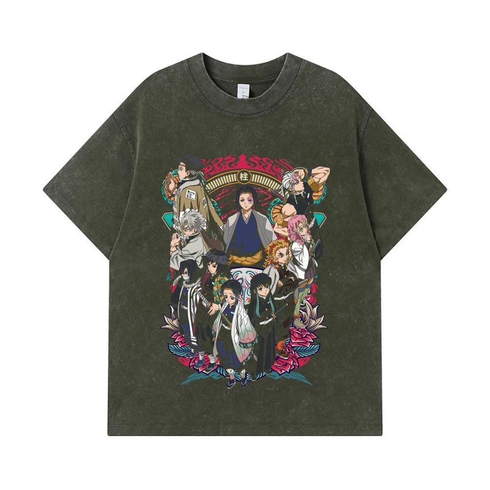 

275 GSM Washed T-shirts 100% Cotton Demon Slayer V62 Hashiras Print Unisex Heavy Cotton T Shirt S армия зеленый