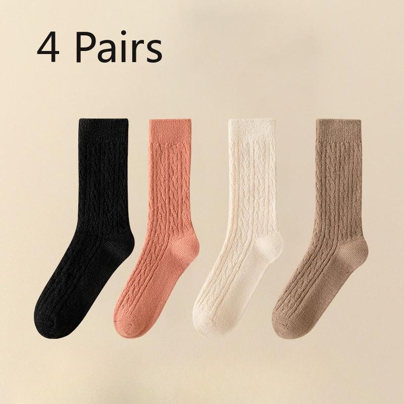 4 Pairs Autumn and Winter Socks, Women's Mid-calf Socks, Wool Imitation, Fleece, Thickened, Warm Solid Color, Retro Pile Socks, Postpartum Socks