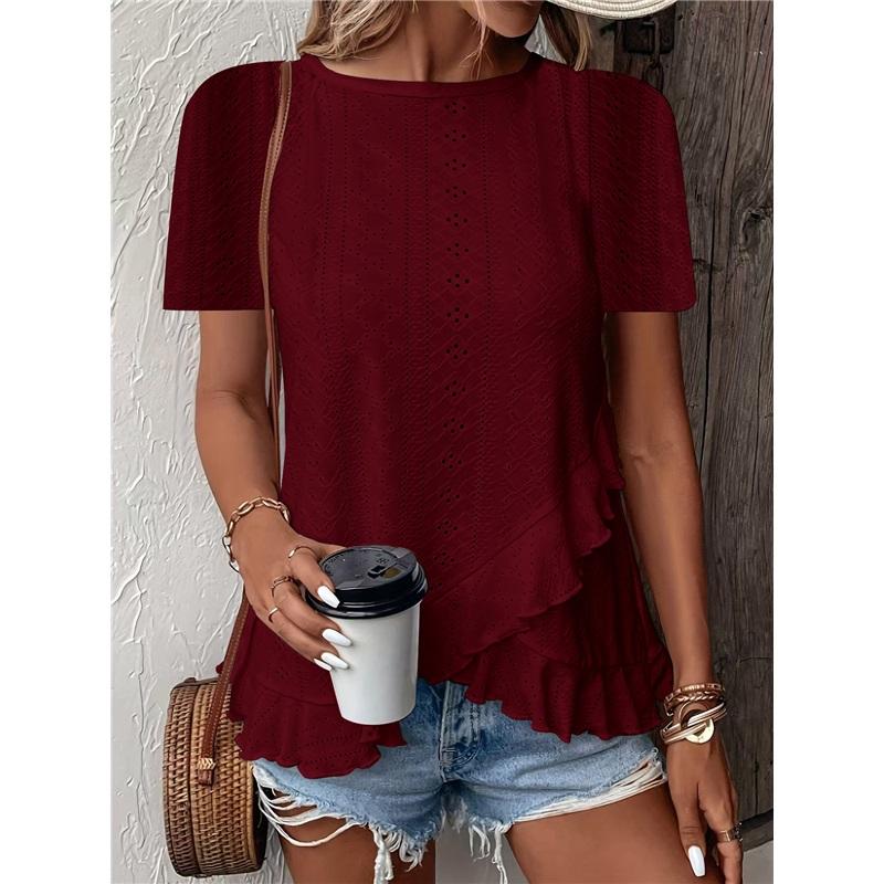 Women's Casual Hollow Out Ruffle Hem T-Shirt - Short Sleeve Round Neck Solid Color Top
