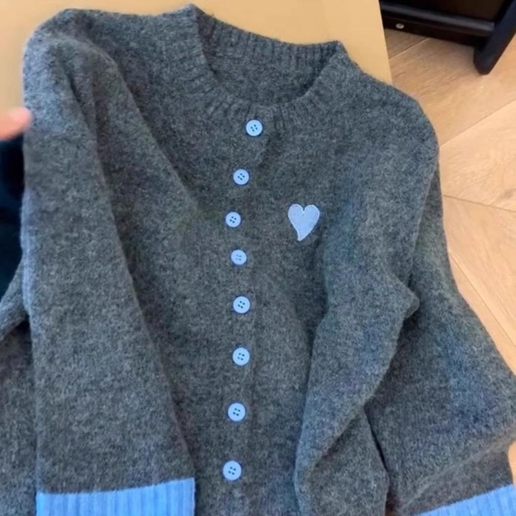High-end Super Nice Color Block Knitted Cardigan Coat Women's Autumn Winter Top Unique Gray Sweater