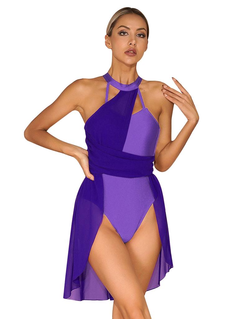 Costume de danse de gymnastique en mousseline de soie pour femmes, robe de danse lyrique, Costume contemporain moderne, col licou, vêtements de danse en mousseline de soie