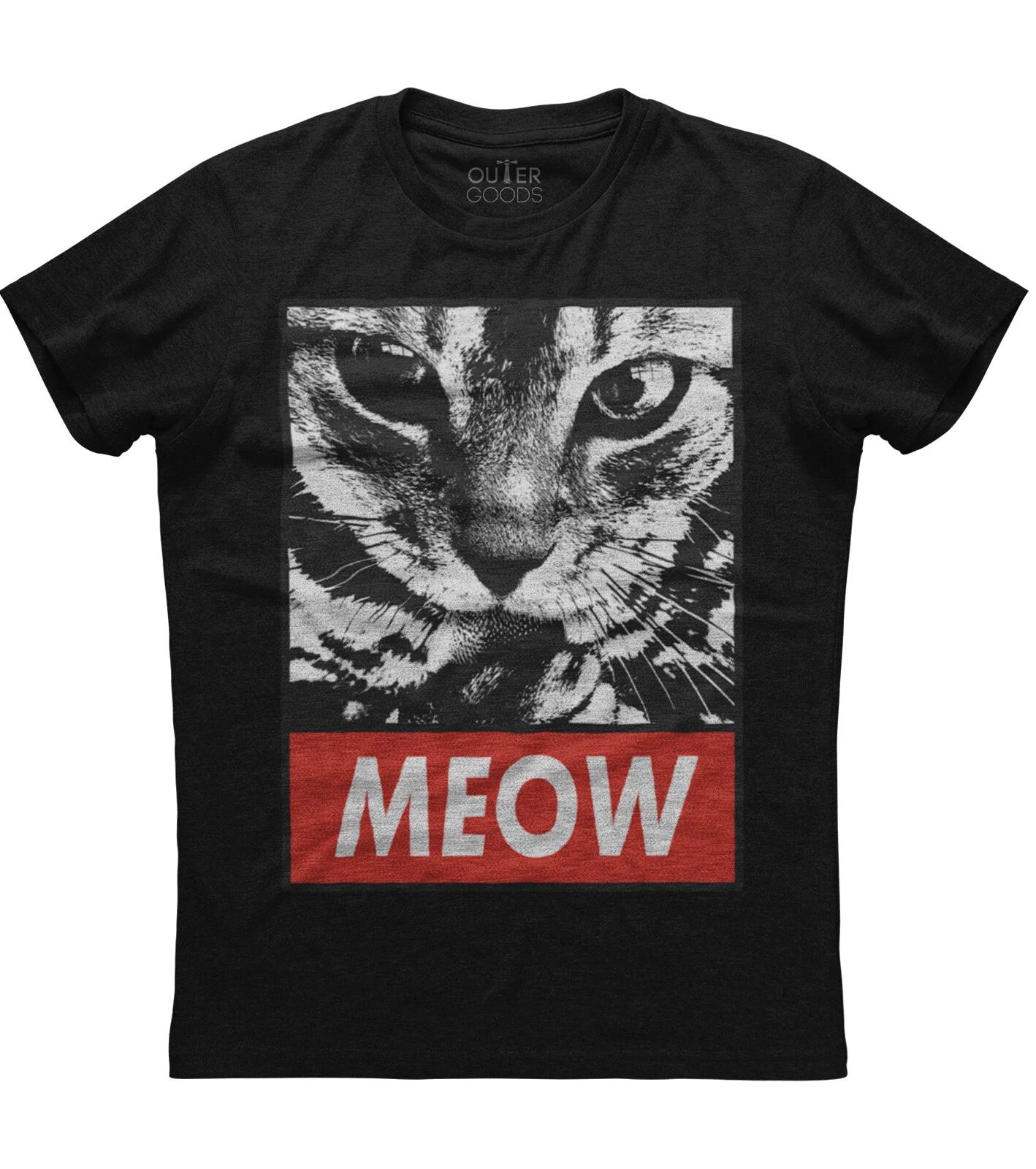 Meow Cat Face Printed Mens Short Sleeve New Cotton Black T-shirt S