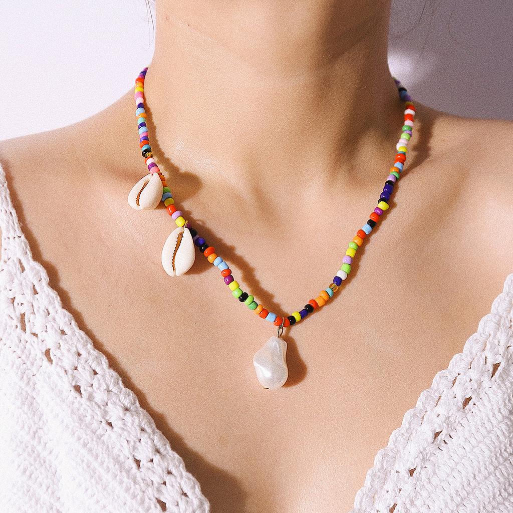 Colored Rice Bead Bohemian Star Necklace, Simple And Versatile Summer Pearl Shell Pendant Necklace Women