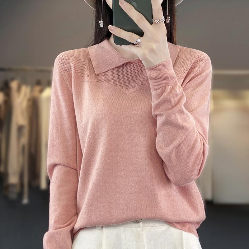 GMXIA Autumn and Winter Knitted Sweater, Women's POLO Neck Solid Color Long-sleeved Sweater, Loose Solid Color Knitted Base Layer