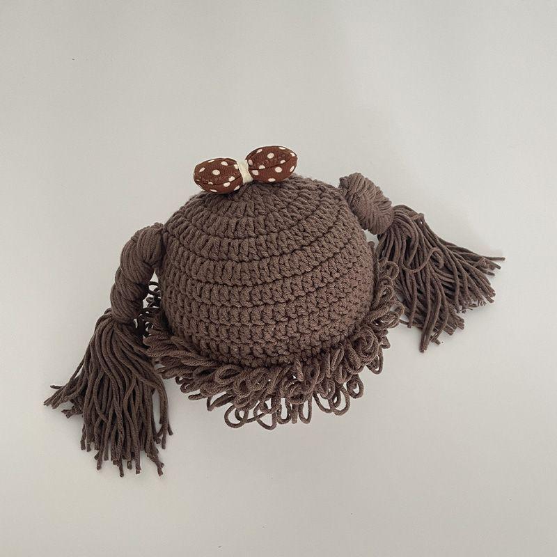 

Вязаная шапка-парик из шерсти ручной работы для детей: Милый осенне-зимний аксессуар для мальчиков и девочек One Size