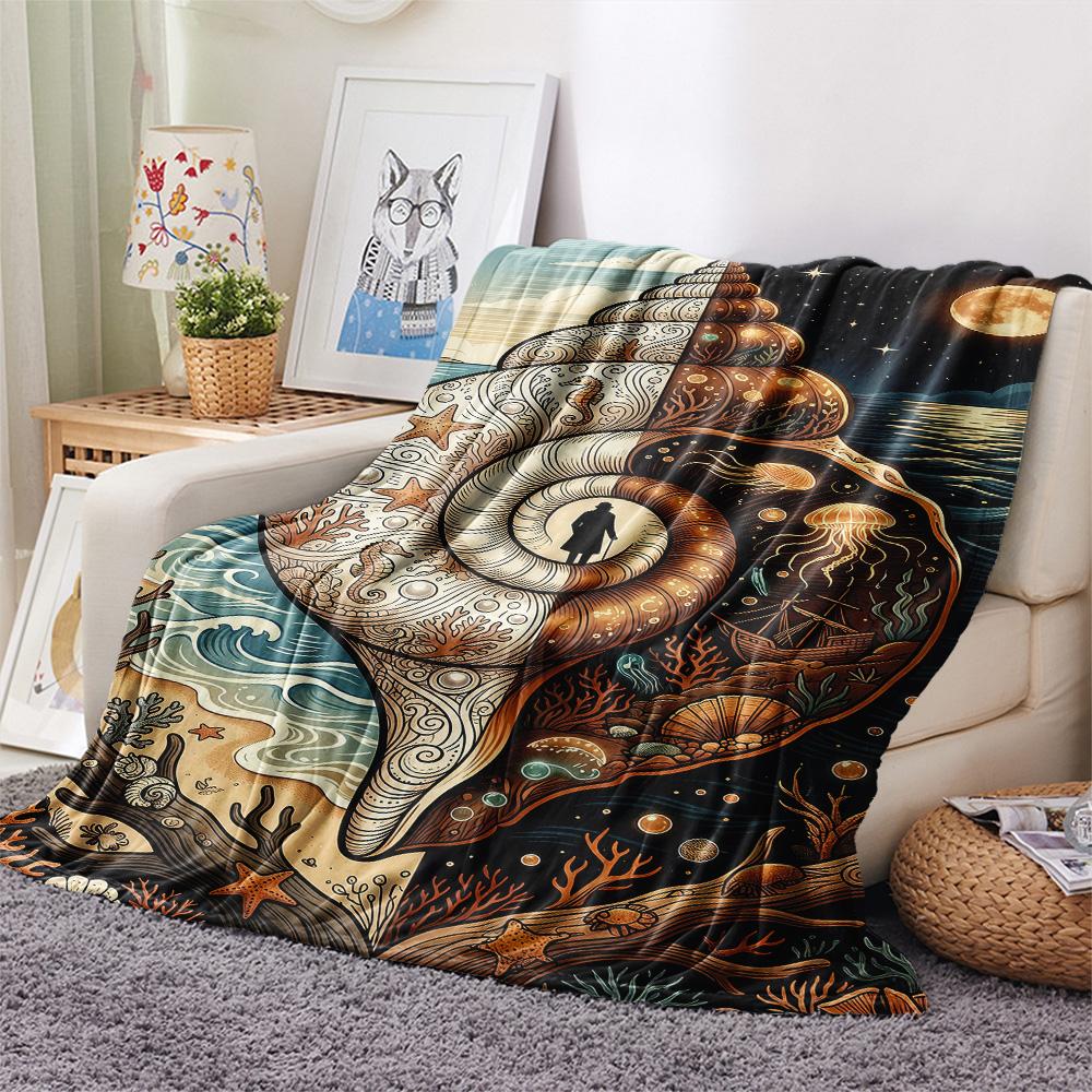 1PC Seashell  Print FlAannel Blanket, High quality Comfortable for All Seasons, Home Decor, Warmth and Comfort