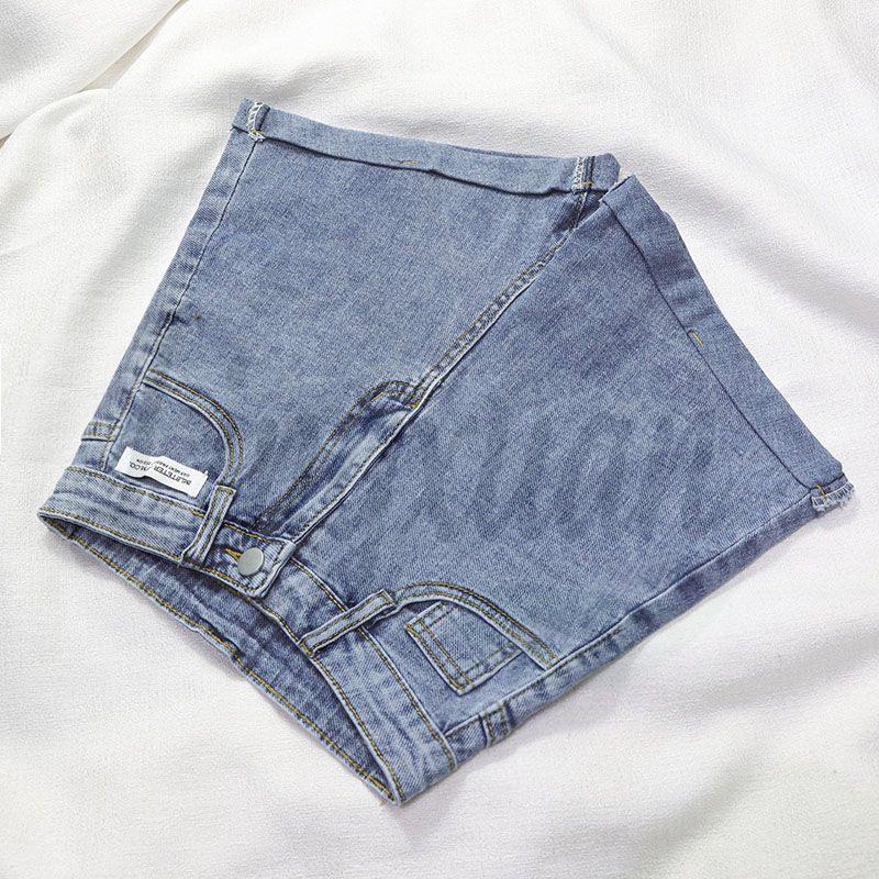 

High-Waisted Blue Denim Cuffed Shorts for Petite Women - Trendy Slimming Wide-Leg Hot Pants for Summer Medium светло-синий