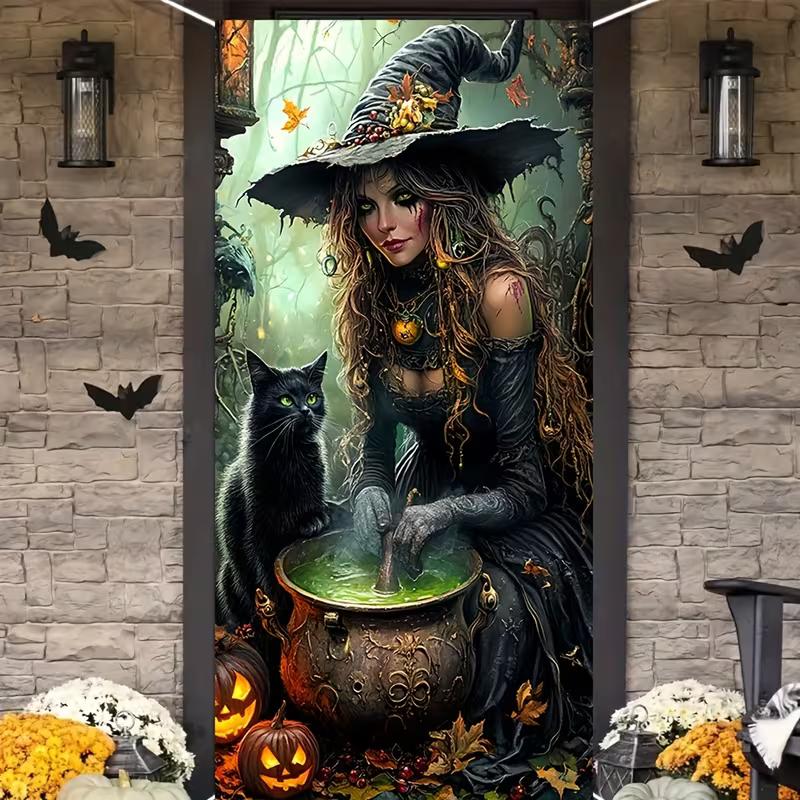 

2D Spooky Witch Door Banner, Halloween Black Cat & Pumpkin Door Cover for Party Decoration 47.2x31.5inch/120*80cm
