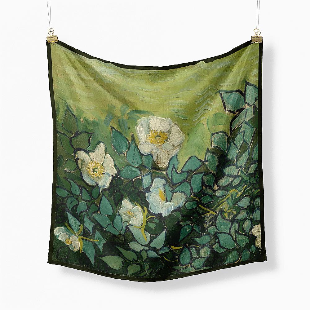 Famous Oil Painting Twill 100% Silk Scarf Fashion Bandana Women Scarf Wraps 53cm Square Scarves Hijab Head Scarf Neckerchief