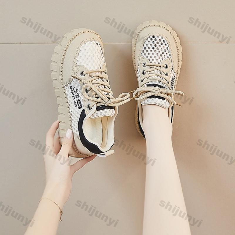 Fashion Women's Flats 2025 Summer New Lace Up Mesh Breathable Height Increase Casual Shoes Fashion Comfortable Non Slip Vulcanized Shoes