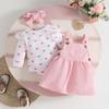 Autumn/Winter Heart Print Baby Bodysuit & Corduroy Overalls Set with Headband