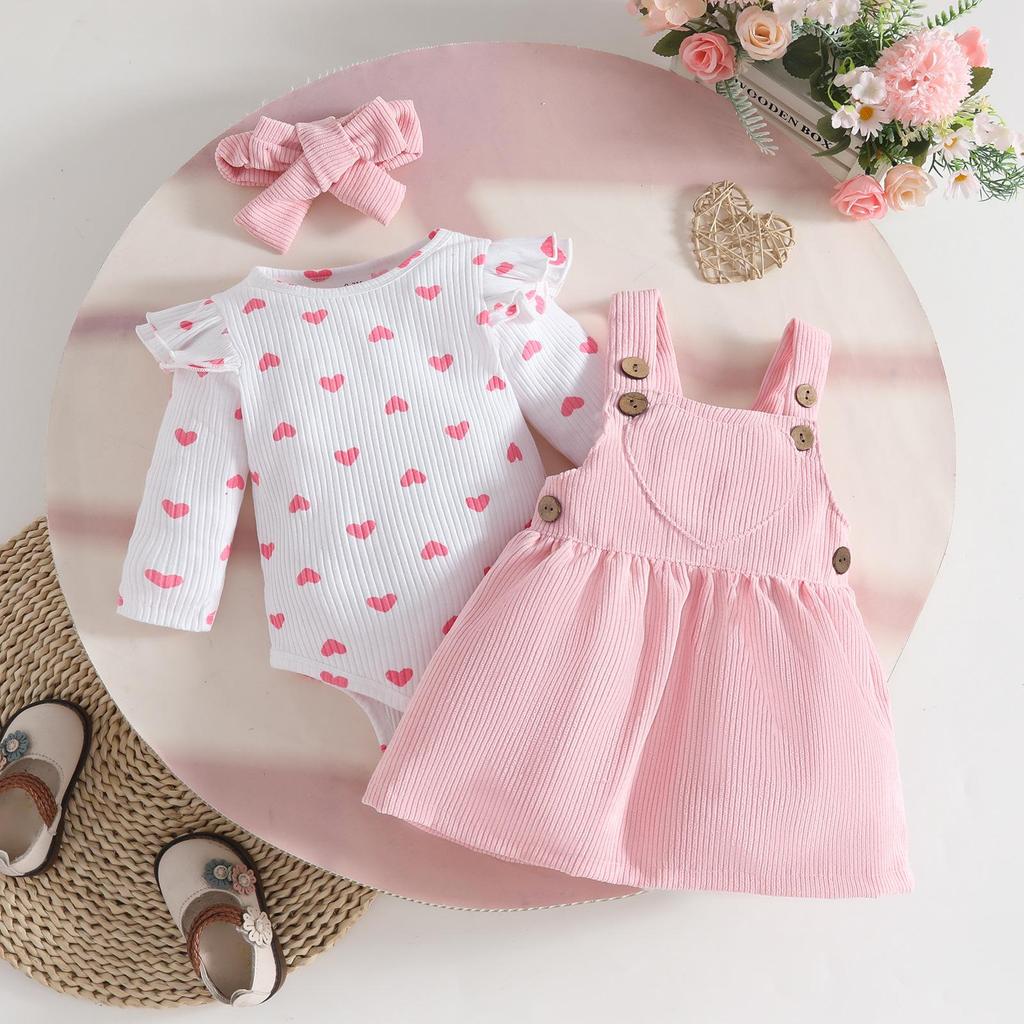 Autumn/Winter Heart Print Baby Bodysuit & Corduroy Overalls Set with Headband