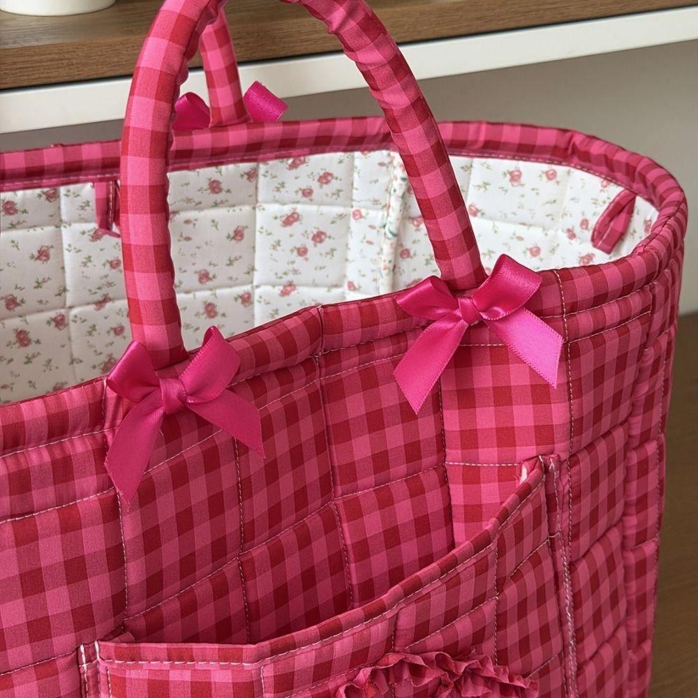 Handheld Red Plaid Storage Basket Large Capacity Clothes Toys Storage Basket  Car
