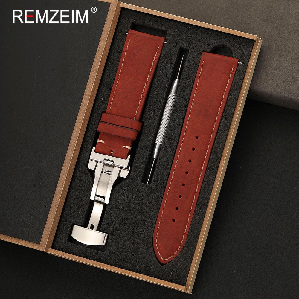 

Vintage Men Crazy Horse Leather Watch Band 18mm 20mm 22mm Quick Release Butterfly Clasp with Gift Box Replacement Watch Strap 22mm червоний