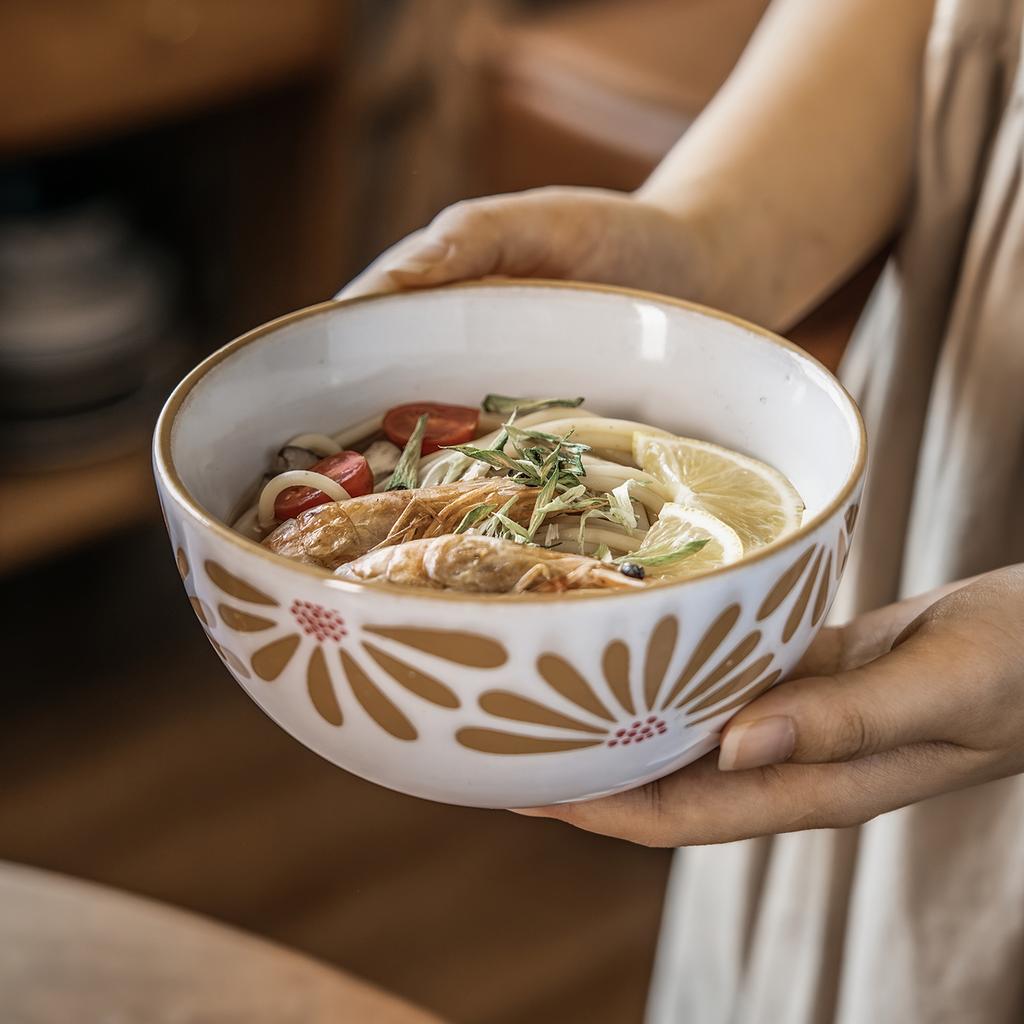 Pastoral Flower Ceramic Bowl Salad Bowl Round Noodle Bowl Household Retro Style Tableware Bowl Vegetable Bowl Soup Noodle Bowl