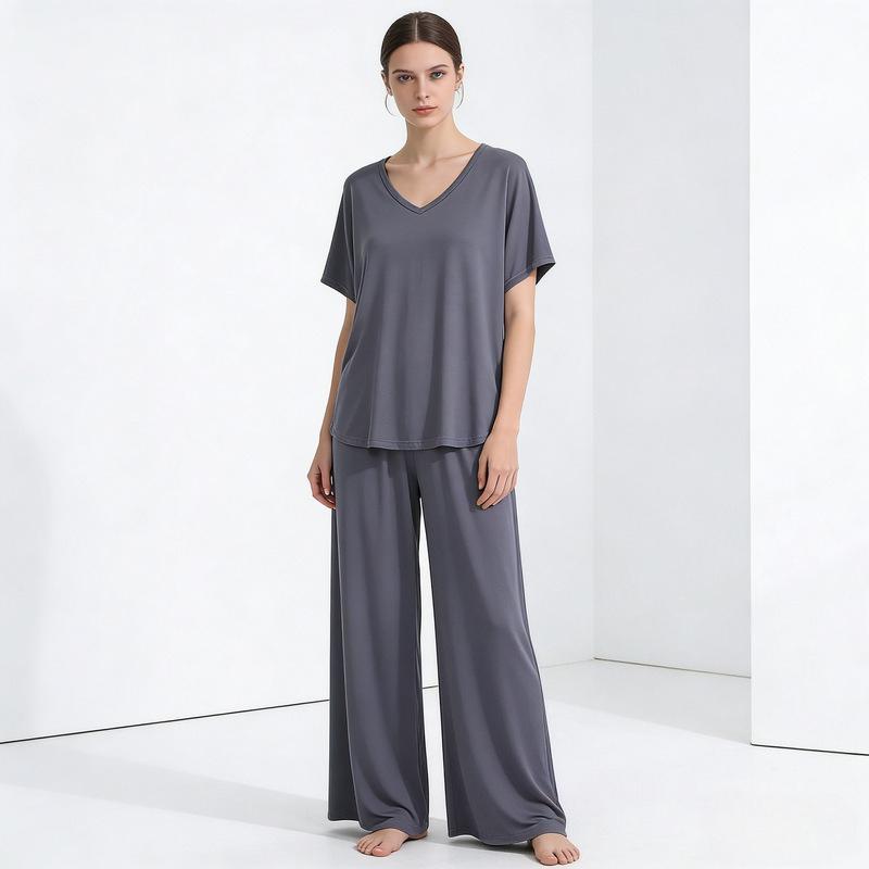 Summer Modal Homewear 2 Piece V-Neck Short Sleeve Tshirt and Wide Leg Pant Ankle Length Loose Sleepwear Set Comfort Pajama Sets