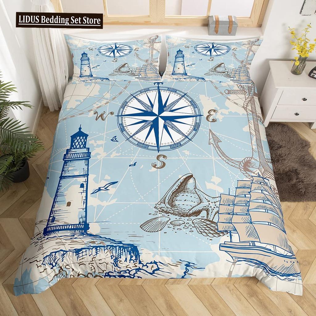 Nautical Duvet Cover Set Boat Pirate Bedding Set King Size Retro Sailboat Brown Comforter Cover Anchor Compass Vintage Quilt Set