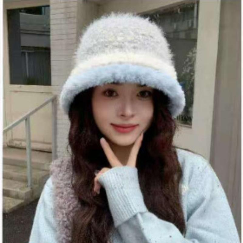 Mixed Color Plush Fisherman Hat for Women Warm Ear Protection  Face Friendly Small Basin Hat  Versatile Striped Knitted Bucket Hat