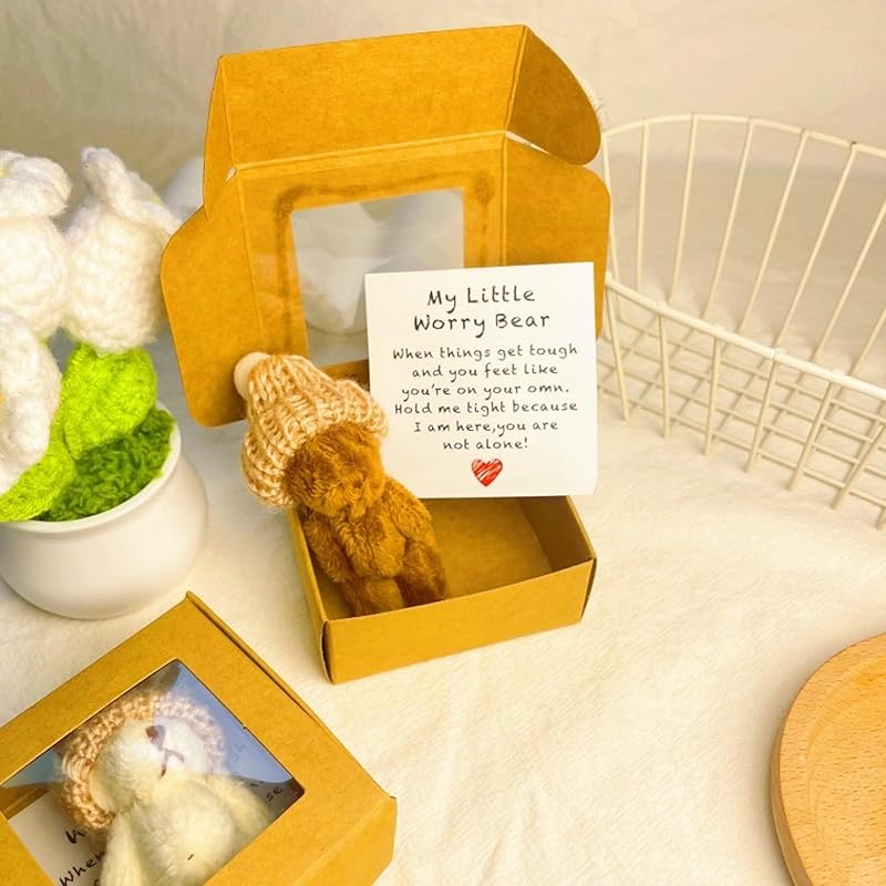 Handmade Mini Plush Teddy Bear in Box, Little Bear in A Box, My Little Worry Bears, Mini Pocket Bears Hug Plush with Emotional Uplifting Support