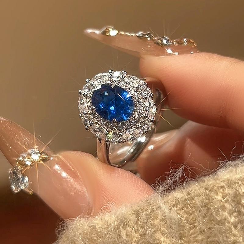 Huamei Jewelry Set Light Luxury Blue Spinel Color Treasure Earrings Necklace Ring Simple Women'S