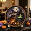 Dark Fairy Tale Home Decor Halloween Round Puzzle Sign, Witch Skull Owl Wooden with Window Sill Holiday Accents Stand, Spooky Tabletop Ornament