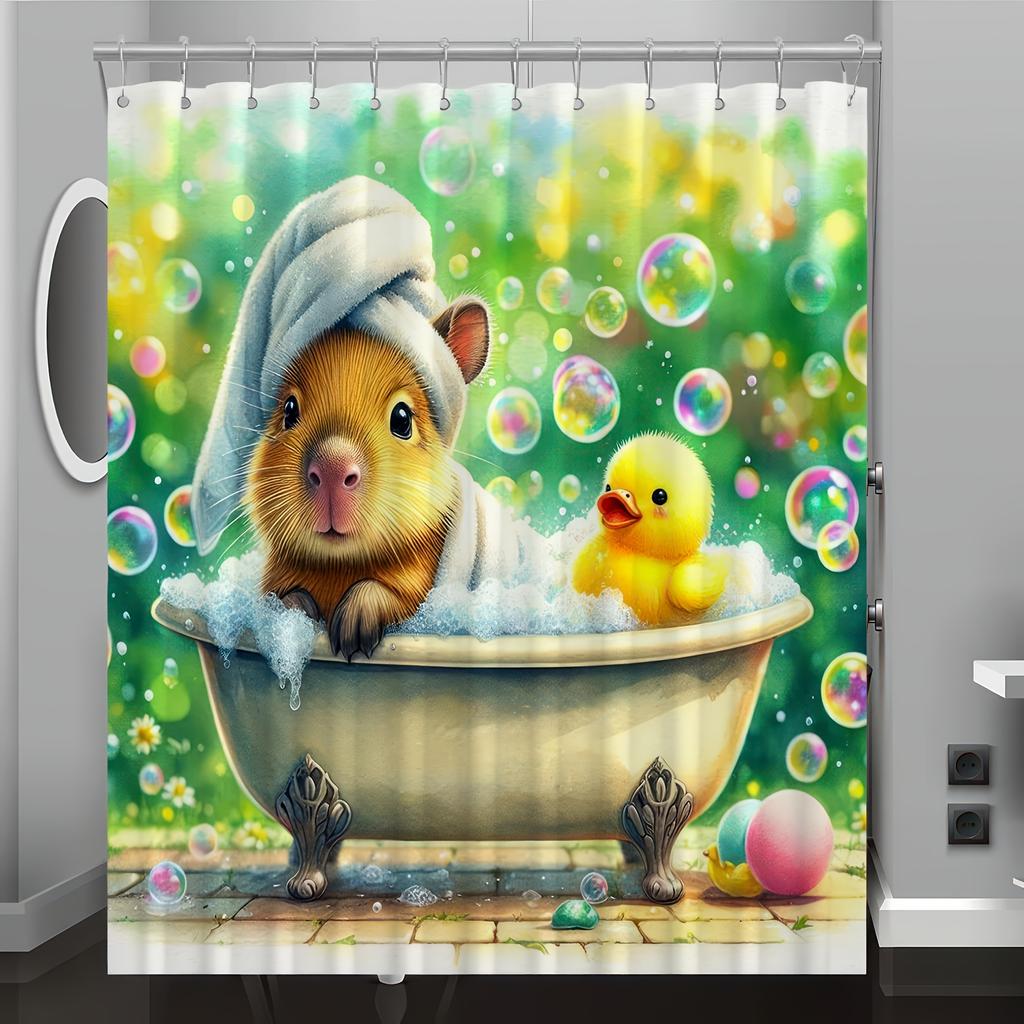 Capybara Cartoon Pattern Digital Print Shower Curtain - Machine Washable, Reversible Polyester, All-Season Bathroom/Home Decor