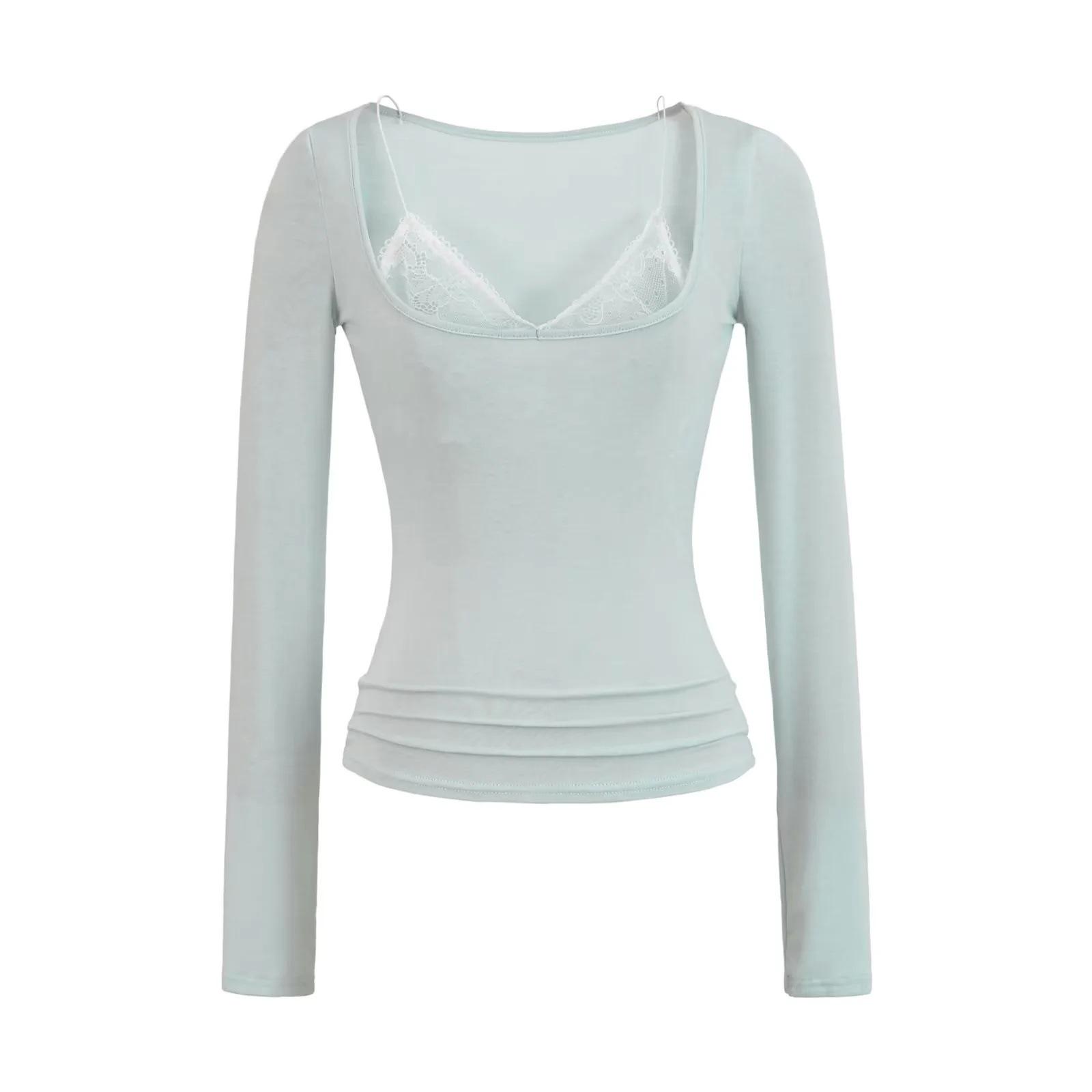 Women s Patchwork Lace Trim Slim Fit Long Sleeve T-Shirt for Spring/Autumn - Spicy Girl U-Neck Two-Piece Style Medium