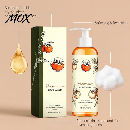 Moisturizing Skin Cleanser Persimmon Body Wash, 100ml Gentle Exfoliating Shower Gel with Fresh Trial Size Wash Fruit Scent, Deep Cleansing Mild Daily